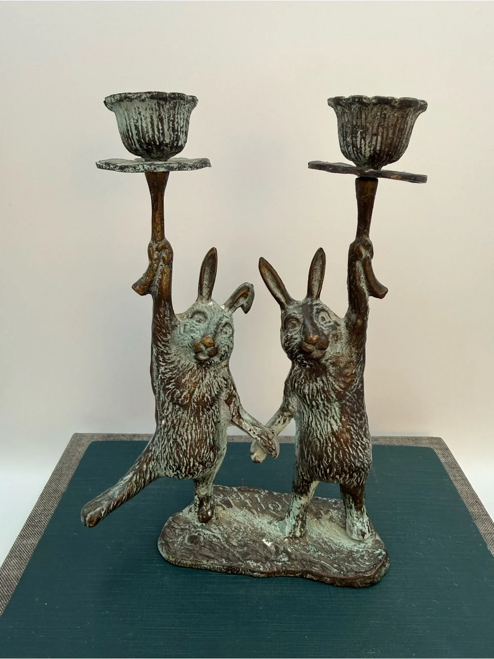 Vintage Bronze with Verdigris Rabbit Candlestick Holders